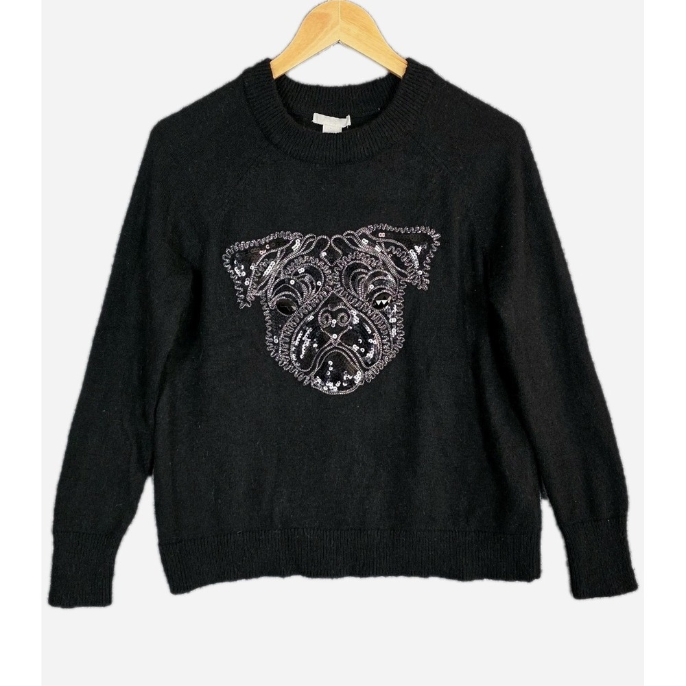 H&M Sweater Women's S Black Alpaca Blend Pug French Bull Dog Sequin Sparkly Cozy